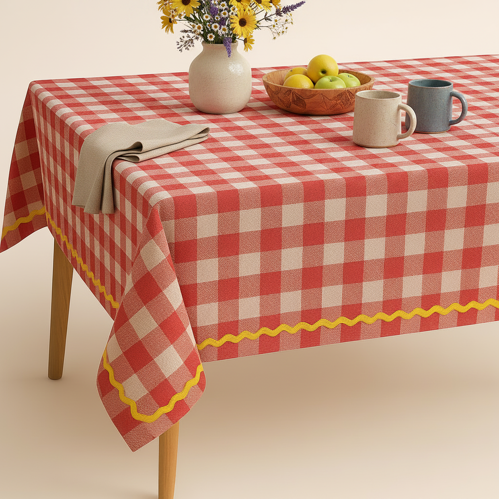 Red and white checkered tablecloth with yellow trim on a beige background