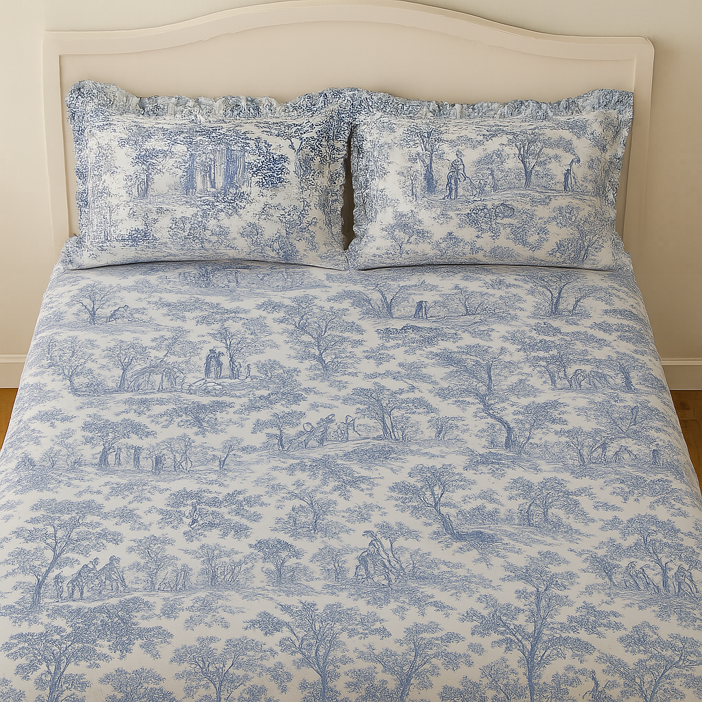 Toile Print Blue Bedsheet set of 3