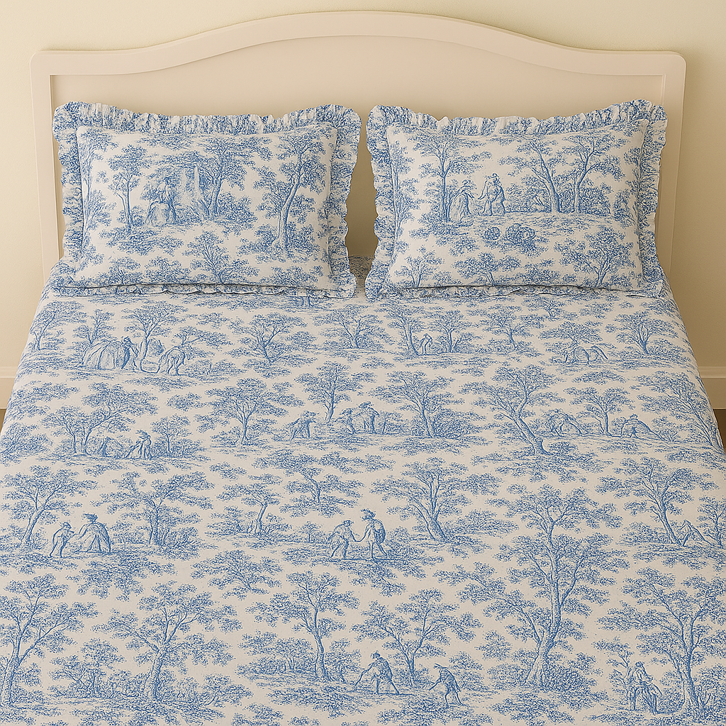 Toile Print Blue Bedsheet set of 3