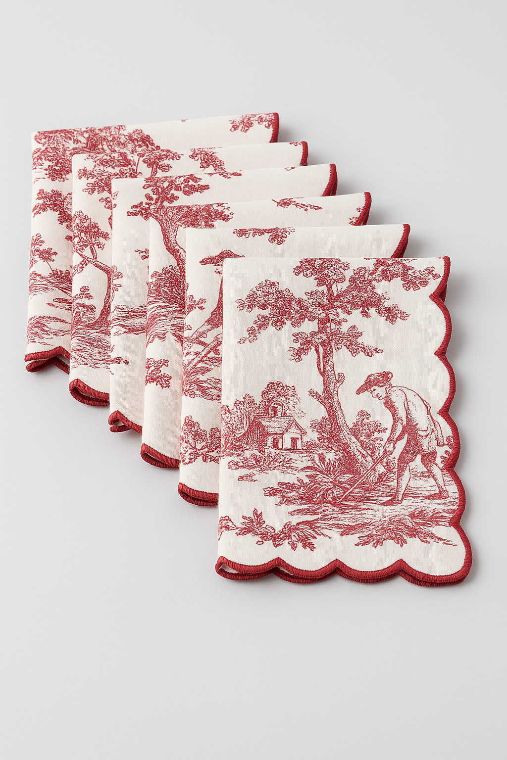 Toile Print with Hand Embroidered Scallop Red Table Napkin set of 6