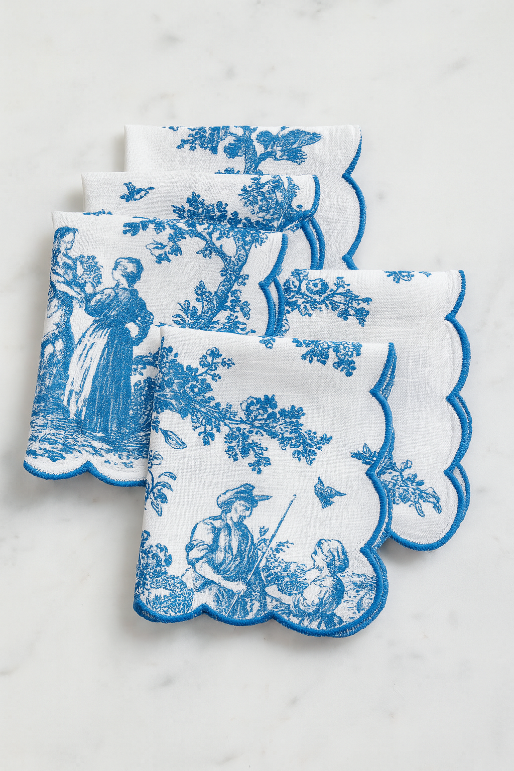 Toile Print with Hand Embroidered Scallop Blue Table Napkin Set of 6