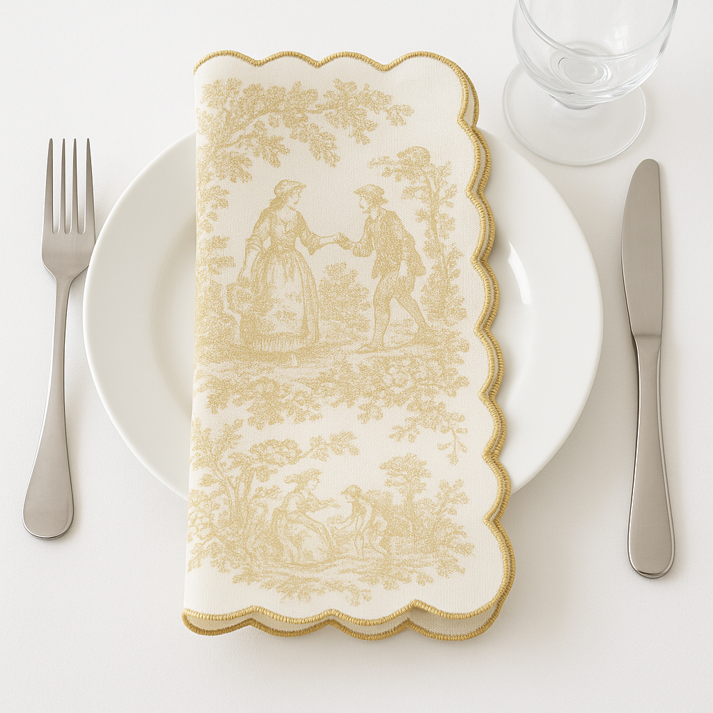 Toile Print with Hand Embroidered Scallop Golden Table Napkin Set of 6