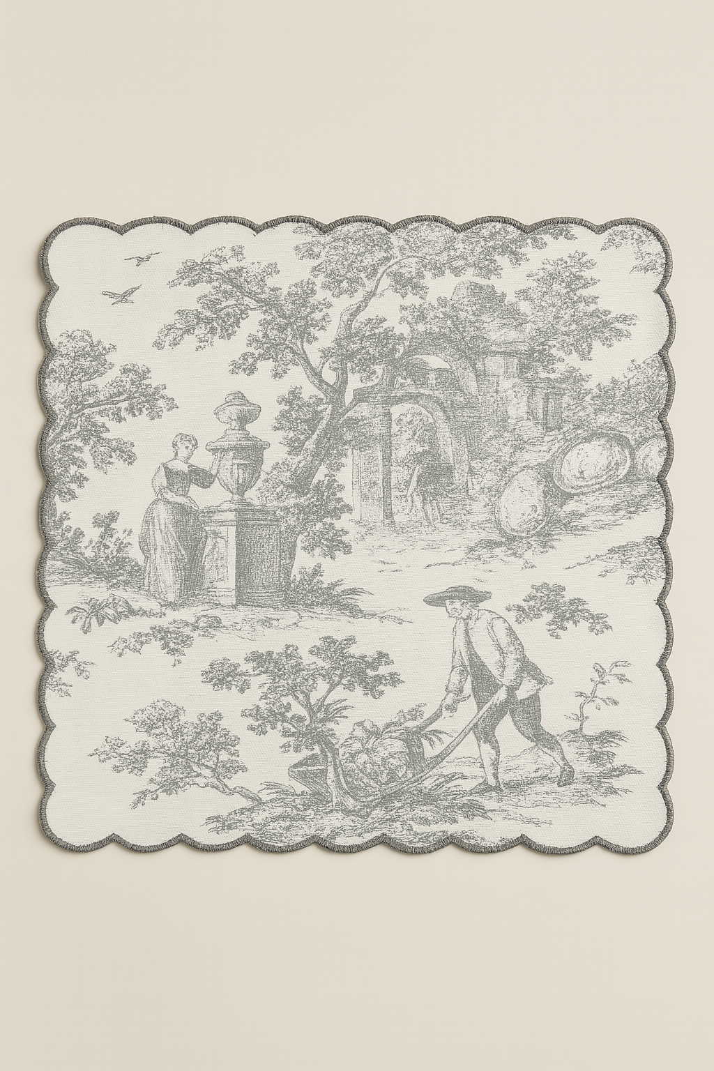Toile Print with Hand Embroidered Scallop Grey Table Napkin set of 6