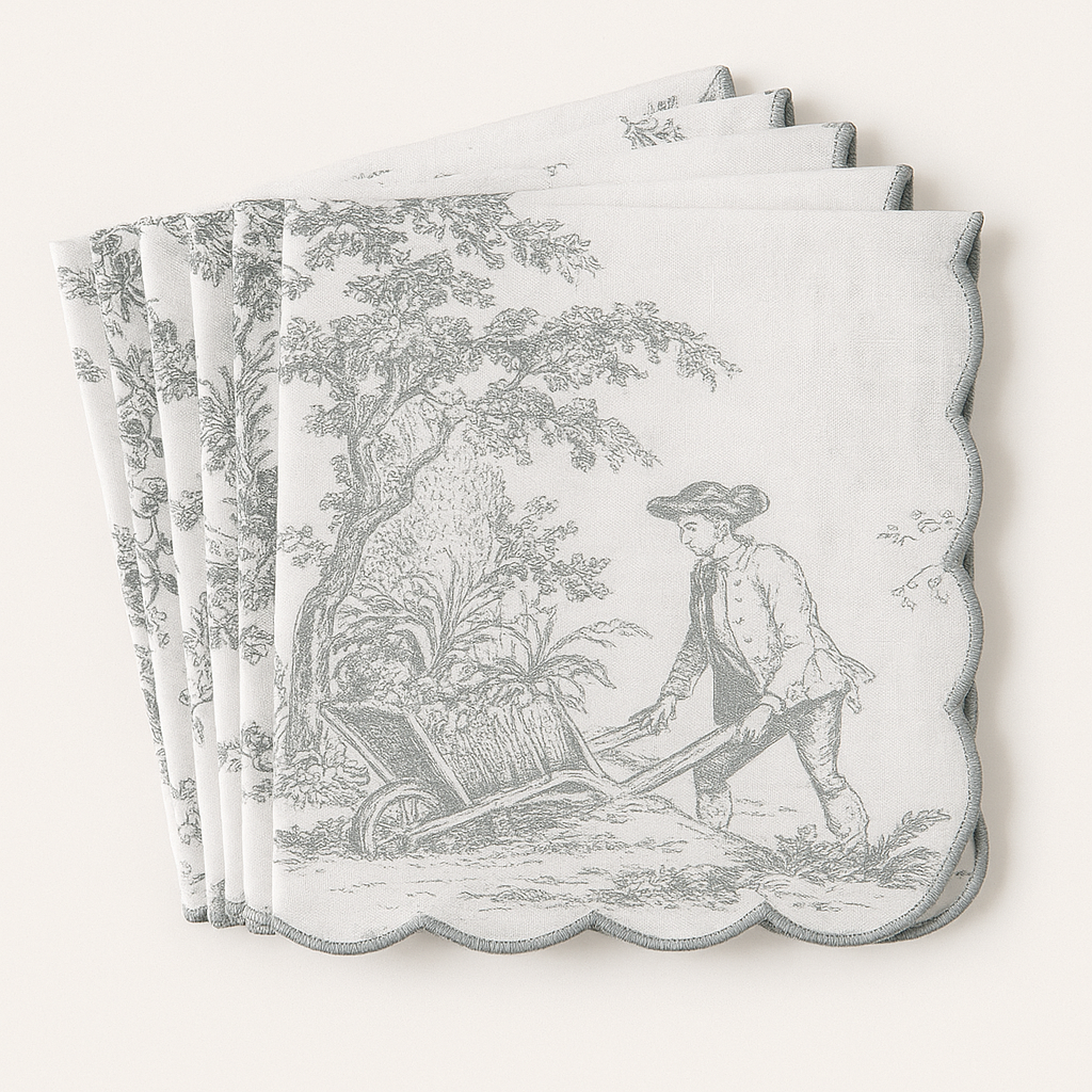 Toile Print with Hand Embroidered Scallop Grey Table Napkin set of 6