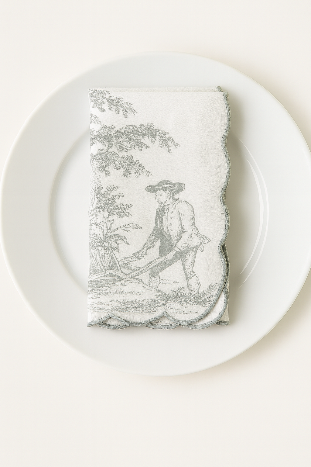 Toile Print with Hand Embroidered Scallop Grey Table Napkin set of 6