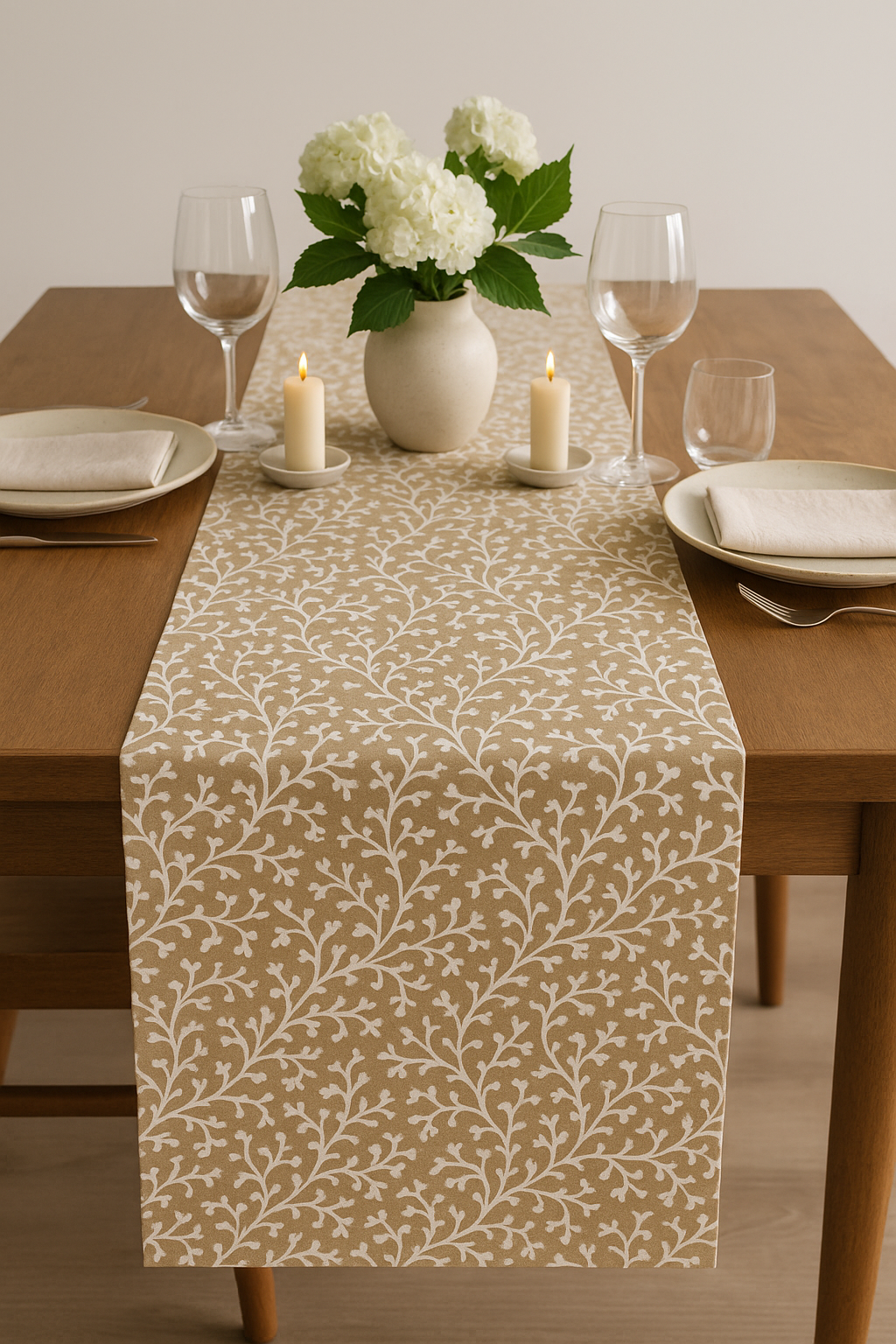 Beige Floral Manor Cotton Table Runner | Floral Print Dining Runner
