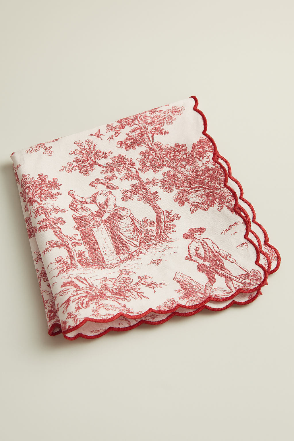 Toile Print with Hand Embroidered Scallop Red Table Napkin set of 6