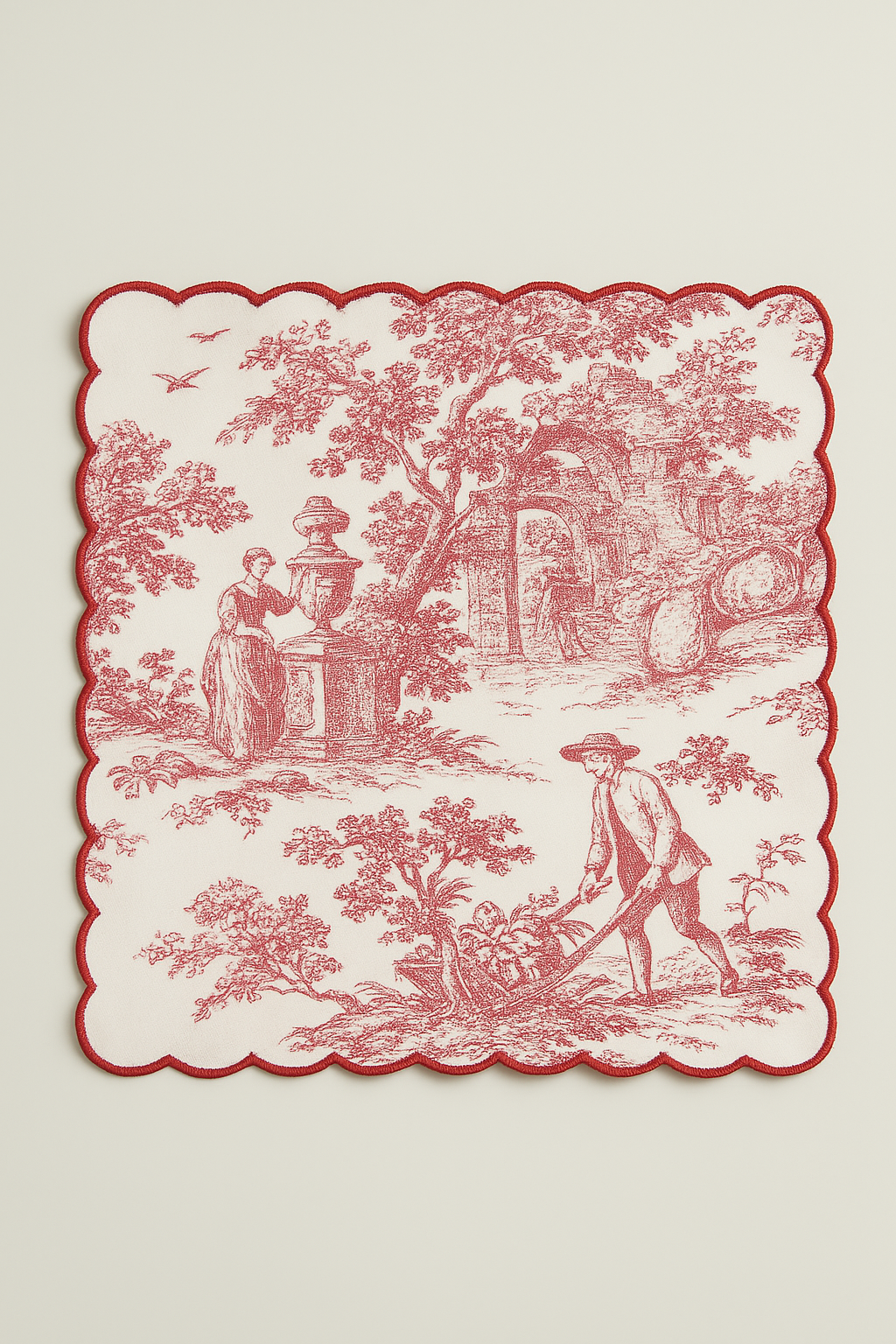 Toile Print with Hand Embroidered Scallop Red Table Napkin set of 6