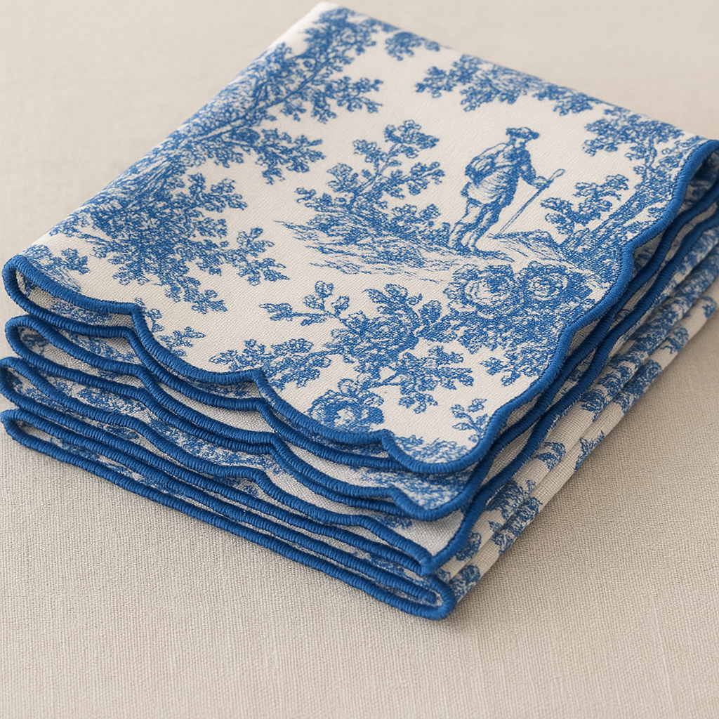 Toile Print with Hand Embroidered Scallop Blue Table Napkin Set of 6