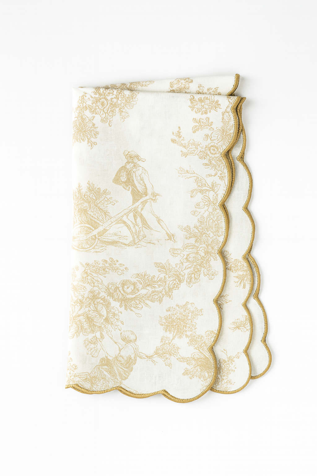 Toile Print with Hand Embroidered Scallop Golden Table Napkin Set of 6