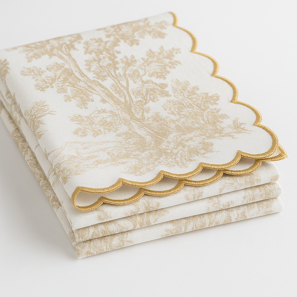 Toile Print with Hand Embroidered Scallop Golden Table Napkin Set of 6