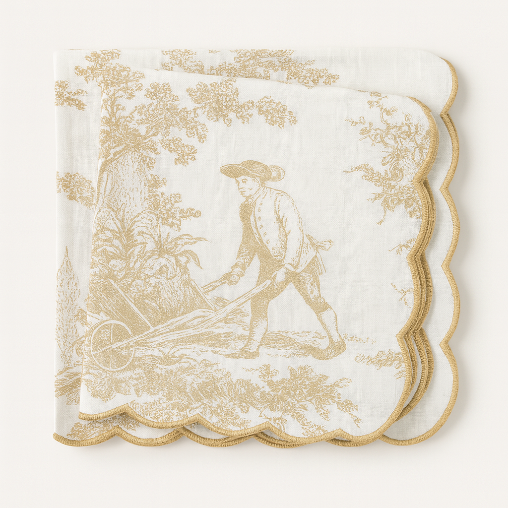 Toile Print with Hand Embroidered Scallop Golden Table Napkin Set of 6