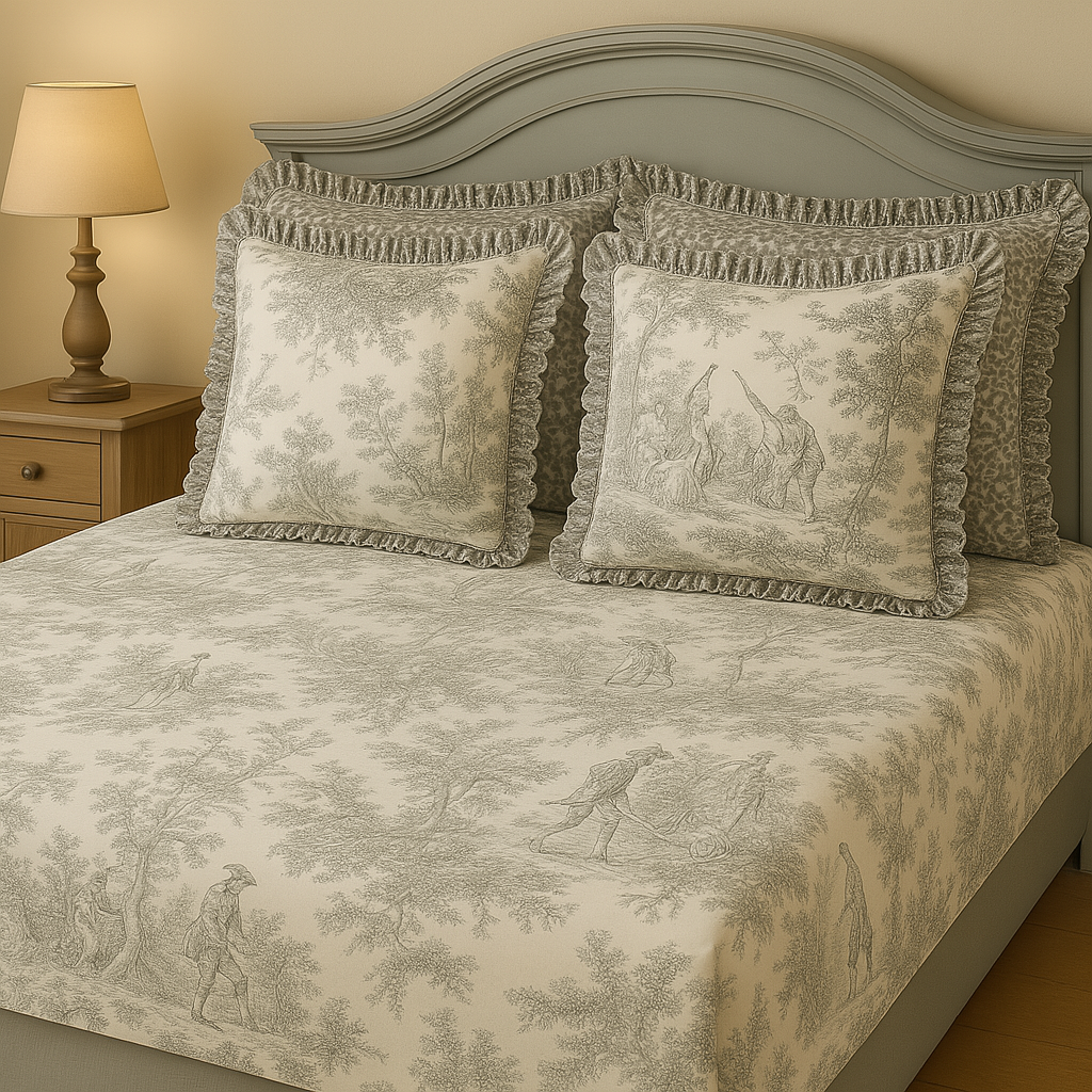 Bed with decorative pillows and a matching bedspread in a bedroom setting.