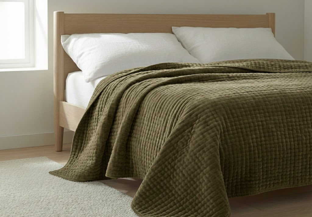 Olive Velvet Quilted Bedcover Set | Premium Cotton Velvet Bedding