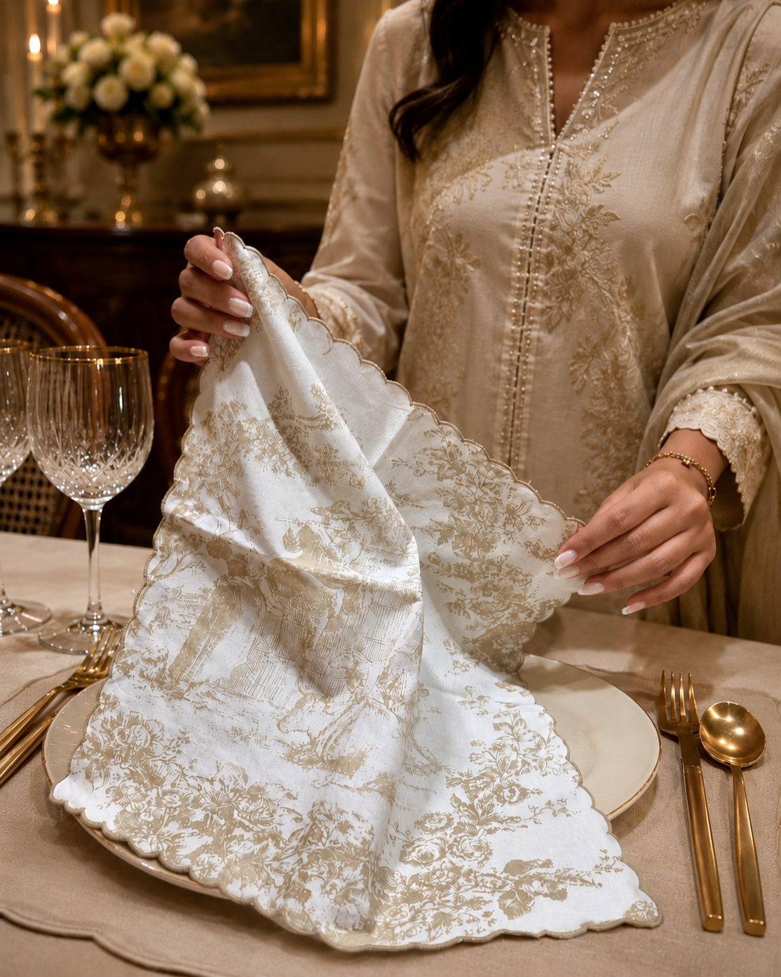 A woman in a beige embroidered kurta holds up a white napkin with gold toile de Jouy patterns and scalloped edges, set on a dining table with gold cutlery and wine glasses.