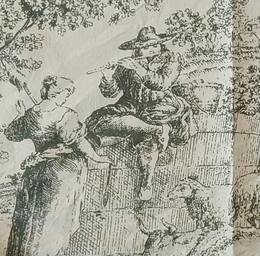 Black and white etching of a woman playing a flute on a stone wall with a sheep nearby.