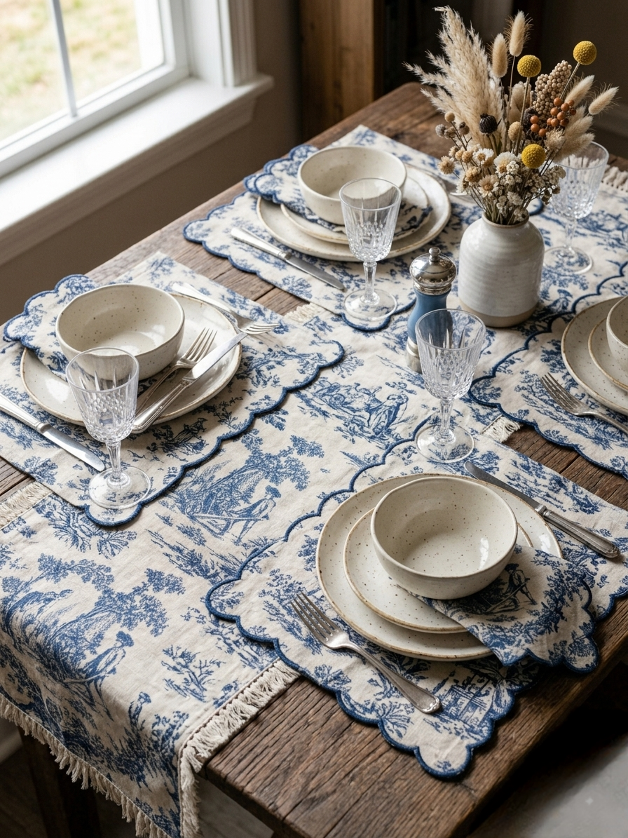 Table setting with blue and white toile placemats, ceramic plates, and glasses on a wooden table.