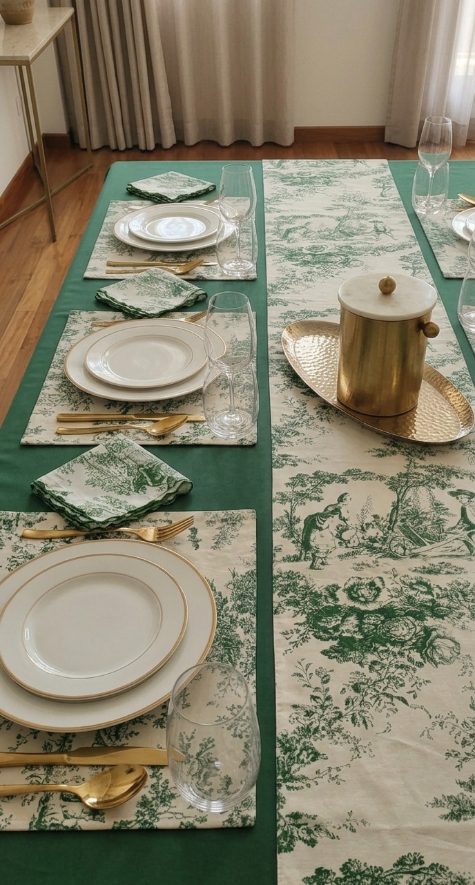 Green Toile de Jouy Complete Table Setting | Solid Cover, Runner, Placemats & Napkins Set