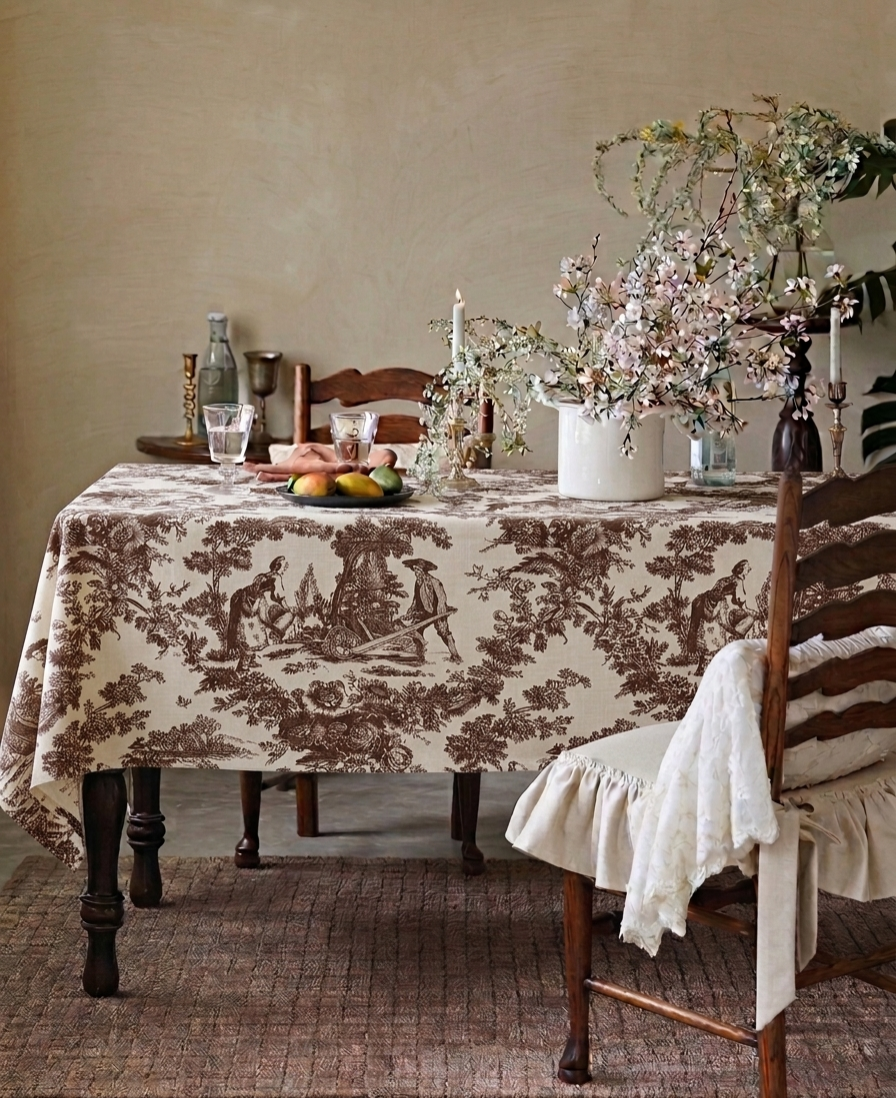 Brown Toile de Jouy Cotton Table Cover | French Print Tablecloth