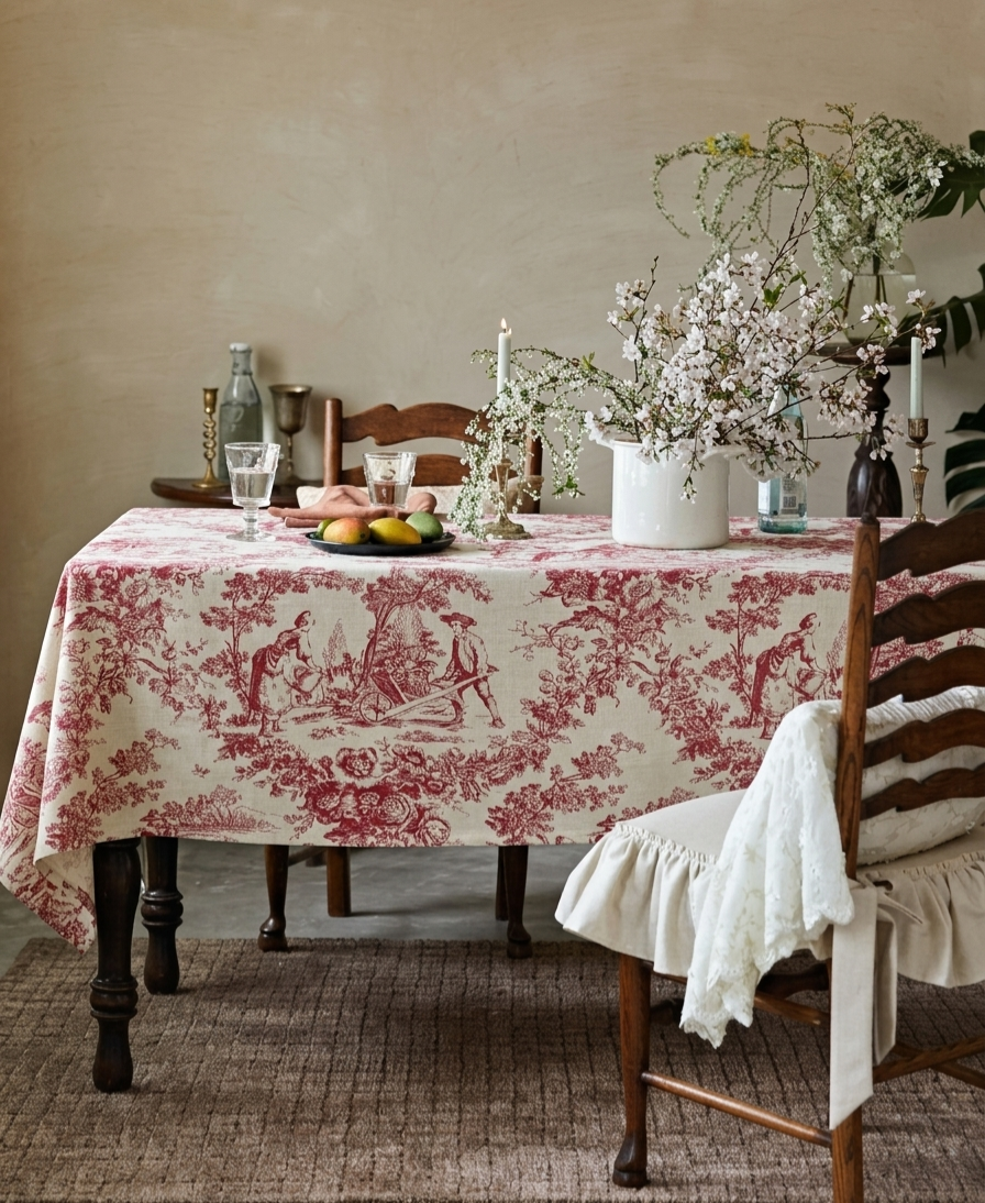 Red Toile de Jouy Cotton Table Cover | French Print Tablecloth