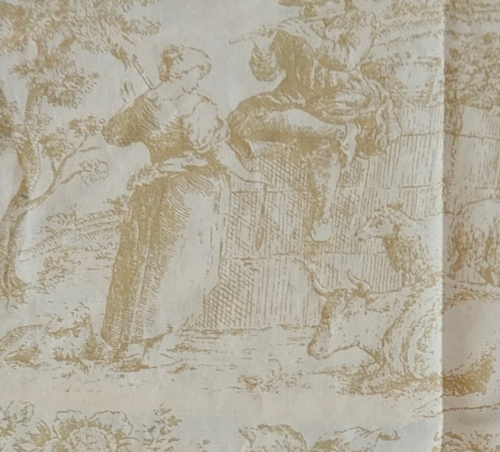 Textile with classical scene design featuring a woman and child on a beige background