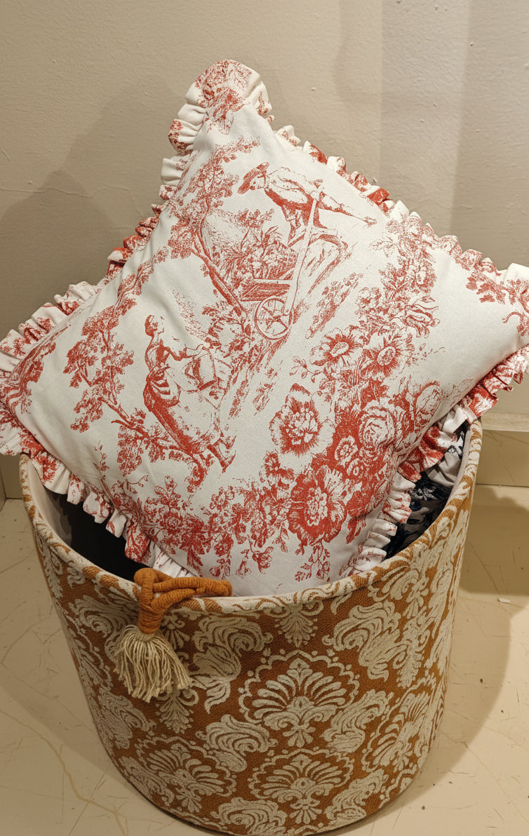 Back view of Brick Pink Toile de Jouy cushion - Viraasa