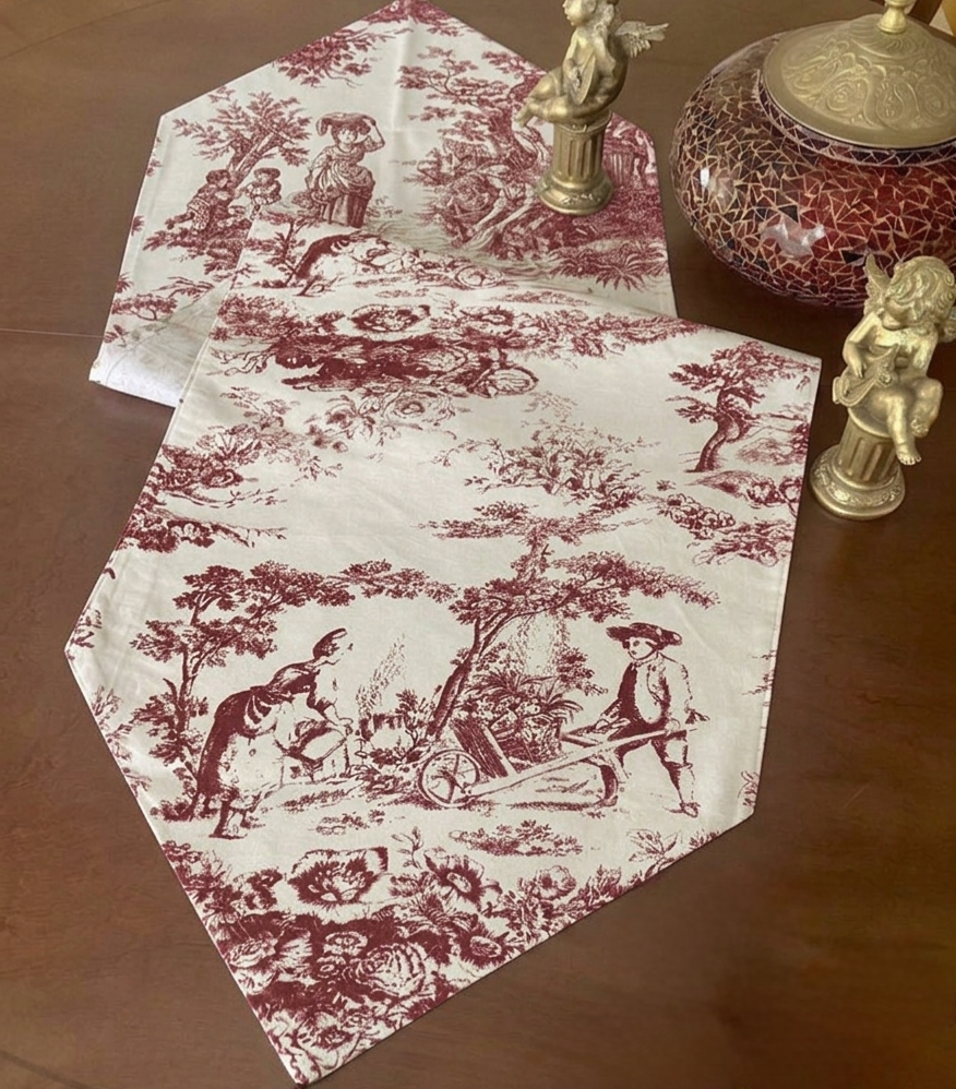 Red Toile de Jouy Crimson Cotton Table Runner | French Print Dining