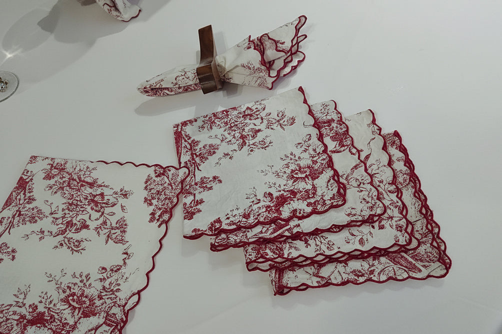 Red Toile cotton napkin full pattern view - Viraasa