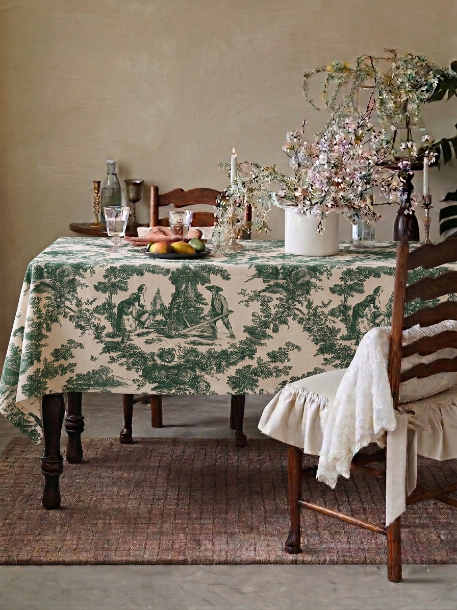 Green Toile de Jouy Cotton Table Cover | French Print Tablecloth