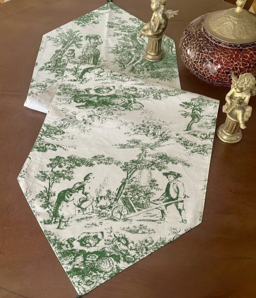 Green Toile de Jouy Sage Cotton Table Runner | French Print Dining Decor