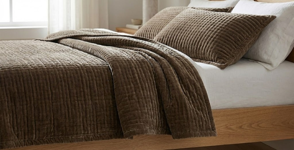 Brown Velvet Quilted Bedcover Set | Premium Cotton Velvet Bedding
