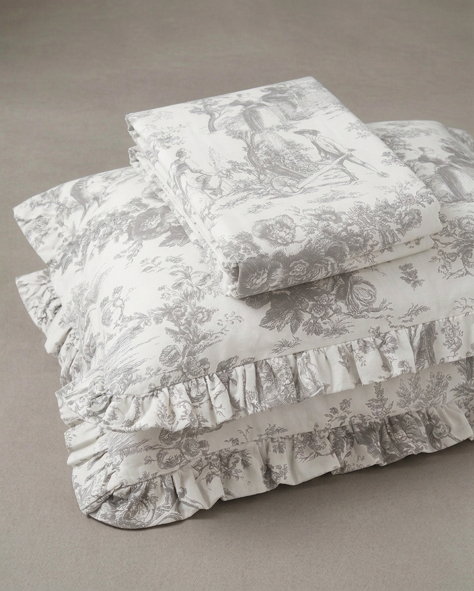 Grey Toile de Jouy Cotton Bedsheet Set of 3 | Luxury French Print Bedding