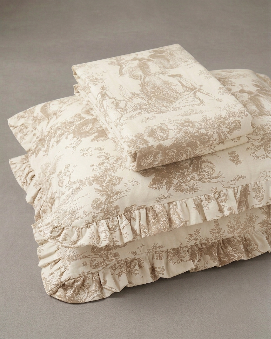 Beige Toile de Jouy Cotton Bedsheet Set of 3 | Luxury French Print Bedding