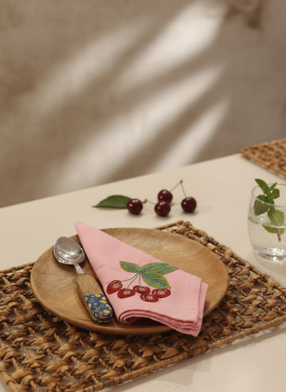 Rose Cherry Embroidered Cotton Napkins Set of 6 | Elegant Dining