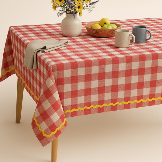 Red and white checkered tablecloth with yellow trim on a beige background