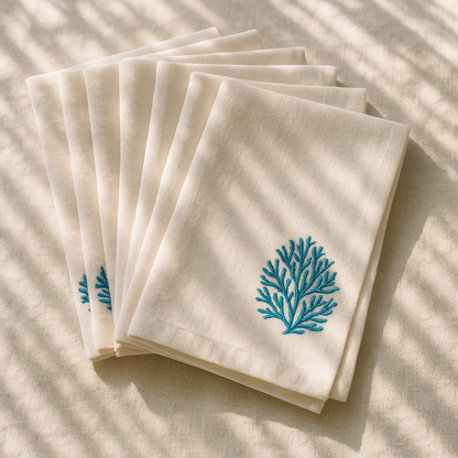 Coral Cove Embroidered Cotton Napkins Set of 6 | Elegant Dining