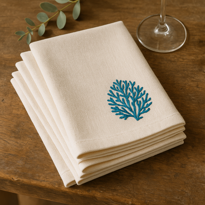 Coral Cove Embroidered Cotton Napkins Set of 6 | Elegant Dining