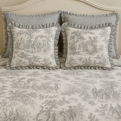 Grey Toile de Jouy Cotton Bedsheet Set of 5 | Luxury French Print Bedding
