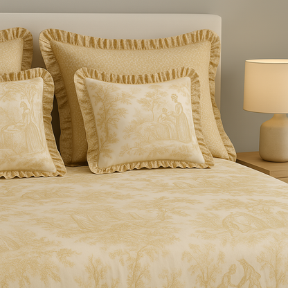 Beige Toile de Jouy Cotton Bedsheet Set of 5 | Luxury French Print Bedding