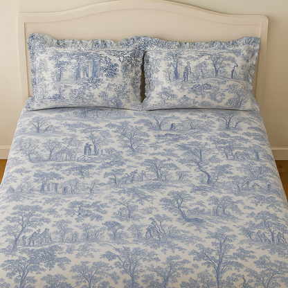 Blue Toile de Jouy Cotton Bedsheet Set of 3 | Luxury French Print Bedding