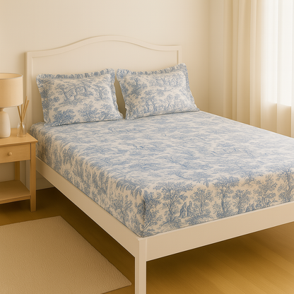 Blue Toile de Jouy Cotton Bedsheet Set of 3 | Luxury French Print Bedding