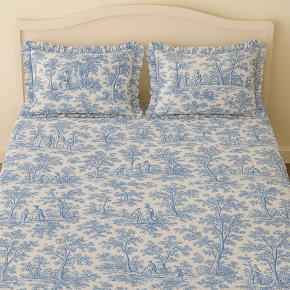 Blue Toile de Jouy Cotton Bedsheet Set of 3 | Luxury French Print Bedding