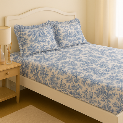 Blue Toile de Jouy Cotton Bedsheet Set of 3 | Luxury French Print Bedding