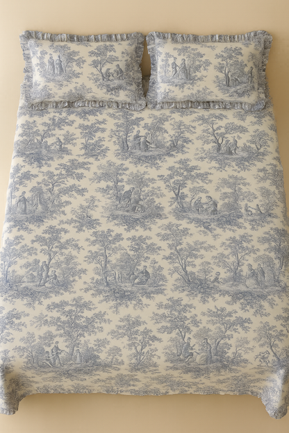 Blue Toile de Jouy Cotton Bedsheet Set of 3 | Luxury French Print Bedding