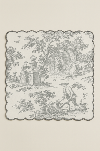 Grey Toile de Jouy print detail with scallop edge - Viraasa