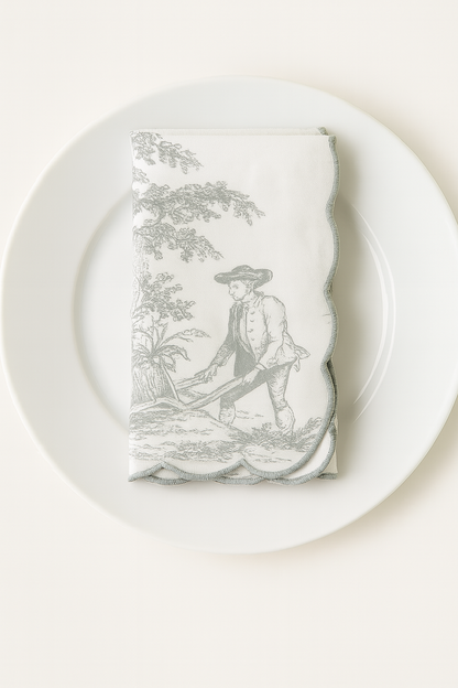 Embroidered scalloped edge close-up on grey napkin - Viraasa