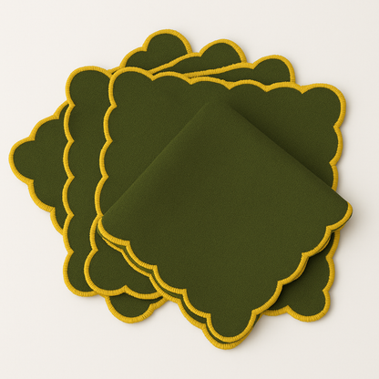 Olive Gold Scallop Embroidered Cotton Napkins Set of 6 | Dining Decor