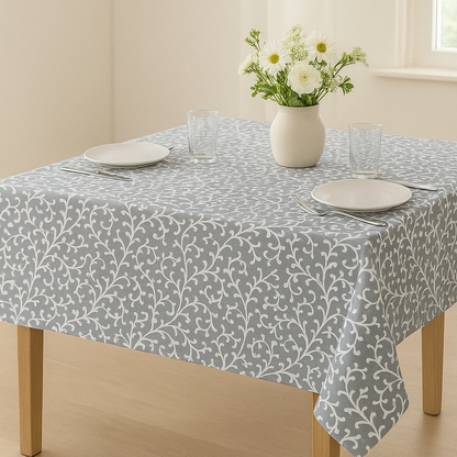 Pewter Blossom Cotton Table Cover | Floral Print Tablecloth