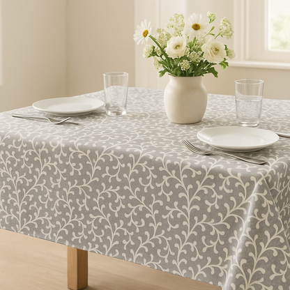 Pewter Blossom Cotton Table Cover | Floral Print Tablecloth