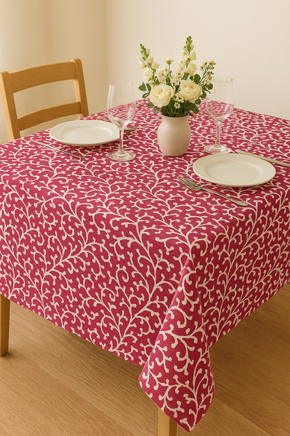 Red Blossom Cotton Table Cover | Floral Print Tablecloth